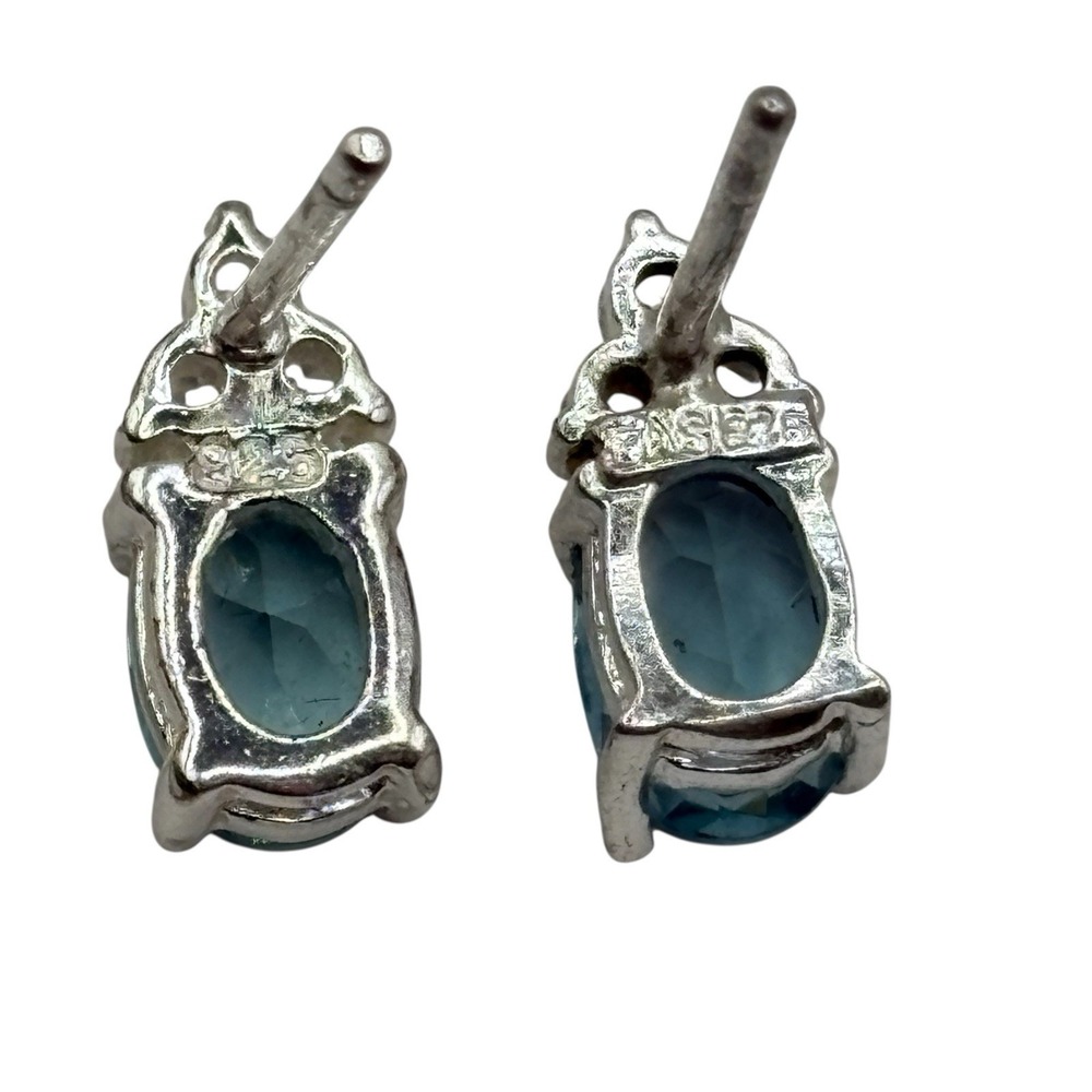 Stimulated Aquamarine Stud‎ Earrings Sterling Sliver 925 CZ Accents Post by FAS - Picture 7 of 14